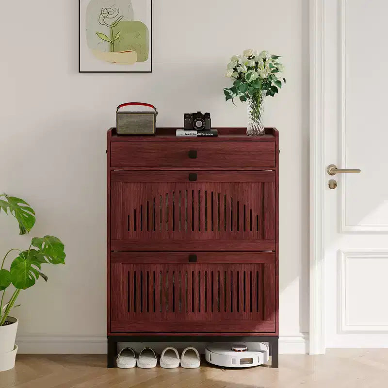 Meuble à chaussures avec 2 tiroirs abattants et grand tiroir, organisateur de rangement à chaussures en bois avec étagère réglable pour entrée, couloir, salon