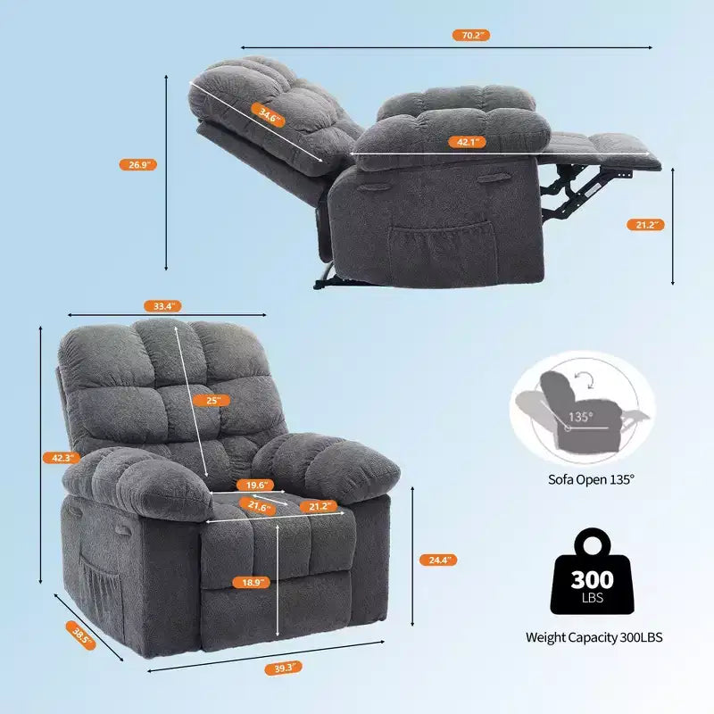 Fauteuil inclinable pivotant et basculant à 360° avec poches latérales, canapé de chambre d'enfant rembourré confortable, cadre en acier pour salon et petit espace.