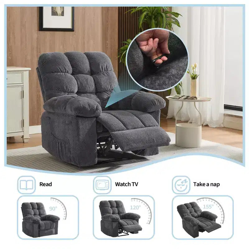 Fauteuil inclinable pivotant et basculant à 360° avec poches latérales, canapé de chambre d'enfant rembourré confortable, cadre en acier pour salon et petit espace.