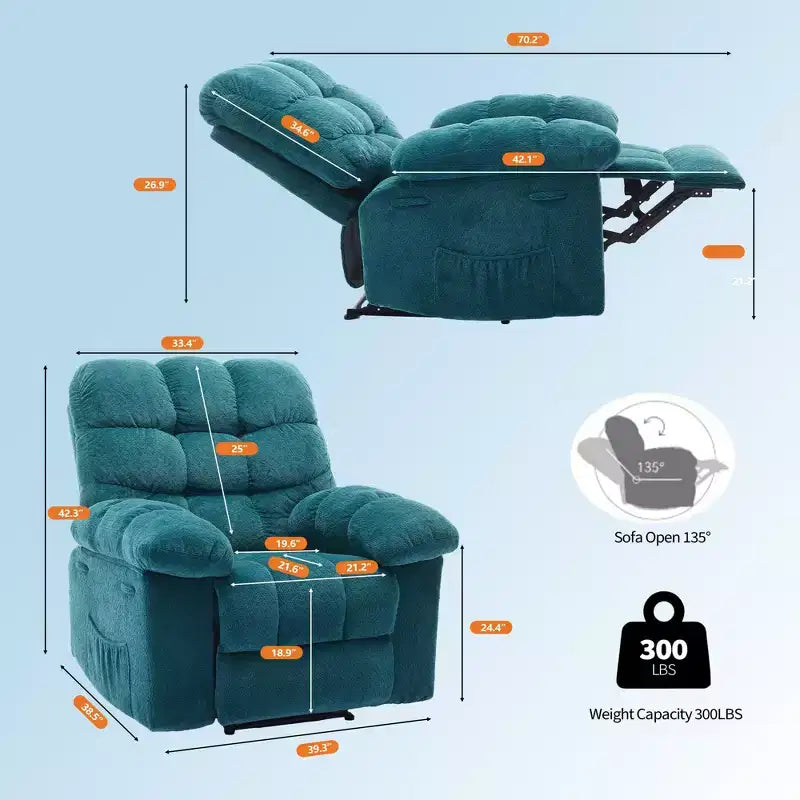 Fauteuil inclinable pivotant et basculant à 360° avec poches latérales, canapé de chambre d'enfant rembourré confortable, cadre en acier pour salon et petit espace.