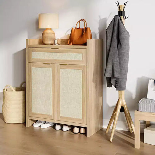 2 Pcs Shoe Storage Cabinets Organizer, Farmhouse Ratten Accent Shoe Cabinets with Adjustable Shelves for Entryway, Doorway, Hall