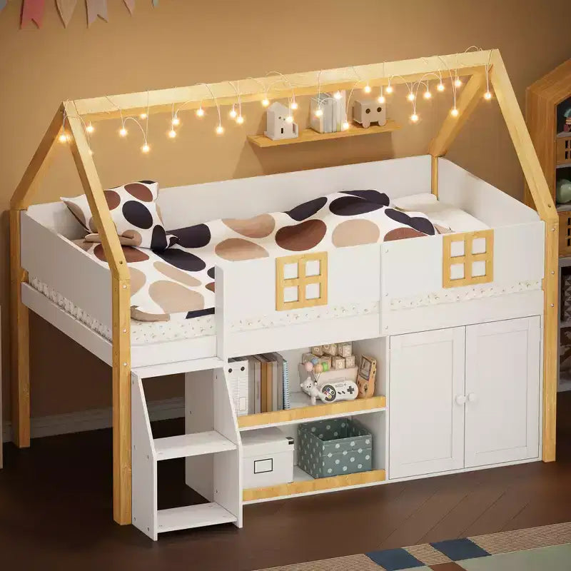 Twin/Full Size Low Loft Bed with Step Staircase and Storage Shelves, Playhouse Wooden Low Loft Bed Frame with Cabinets and LED lights