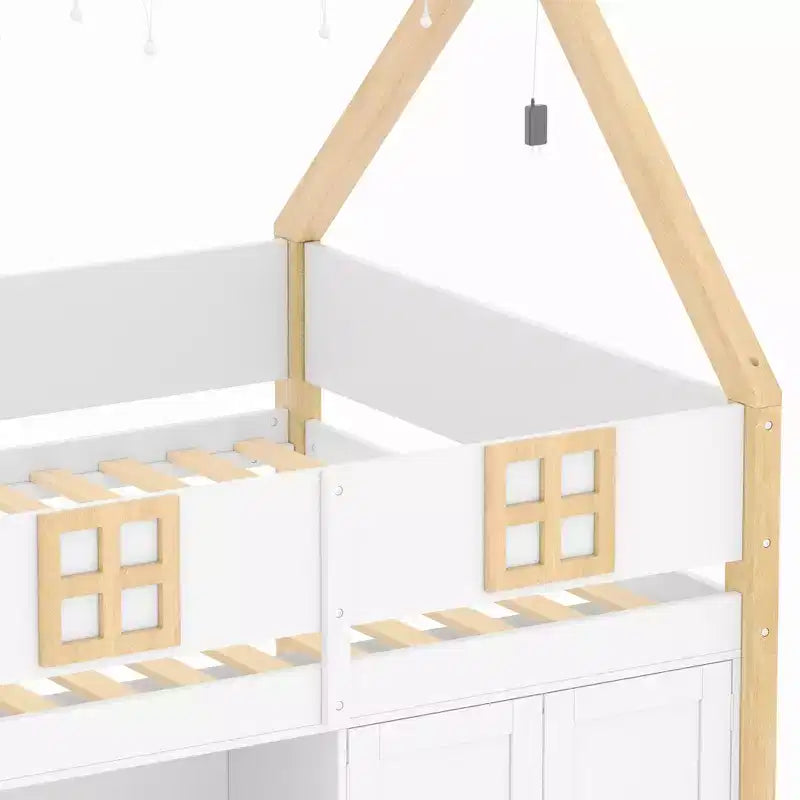 Lit mezzanine bas double/complet avec escalier-marches et étagères de rangement, cadre de lit mezzanine bas en bois style cabane avec armoires et lumières LED