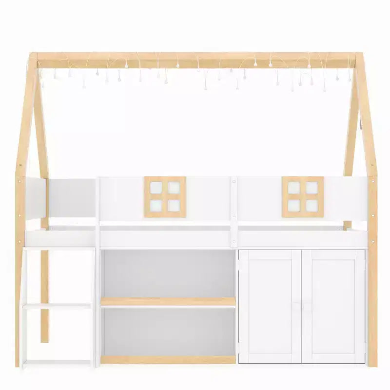 Lit mezzanine bas double/complet avec escalier-marches et étagères de rangement, cadre de lit mezzanine bas en bois style cabane avec armoires et lumières LED