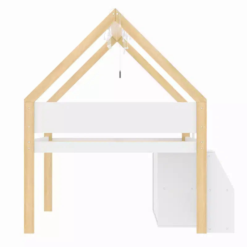Lit mezzanine bas double/complet avec escalier-marches et étagères de rangement, cadre de lit mezzanine bas en bois style cabane avec armoires et lumières LED