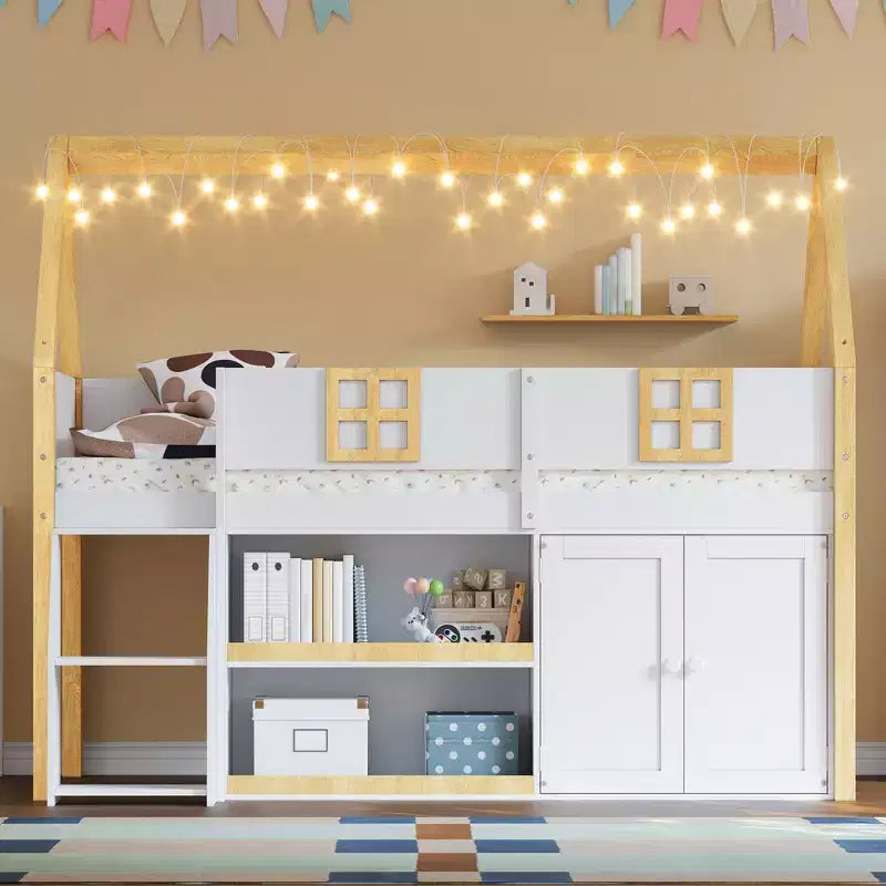 Lit mezzanine bas double/complet avec escalier-marches et étagères de rangement, cadre de lit mezzanine bas en bois style cabane avec armoires et lumières LED