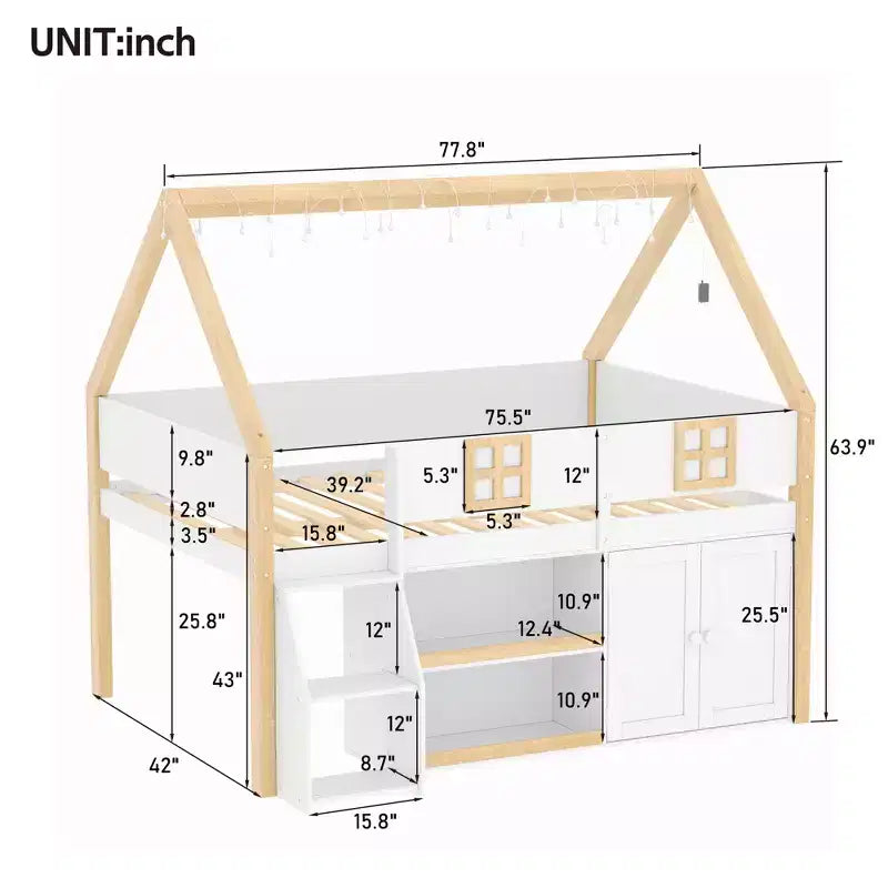 Lit mezzanine bas double/complet avec escalier-marches et étagères de rangement, cadre de lit mezzanine bas en bois style cabane avec armoires et lumières LED