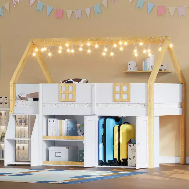 Lit mezzanine bas double/complet avec escalier-marches et étagères de rangement, cadre de lit mezzanine bas en bois style cabane avec armoires et lumières LED
