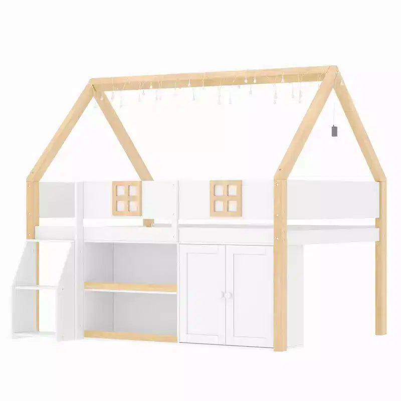 Lit mezzanine bas double/complet avec escalier-marches et étagères de rangement, cadre de lit mezzanine bas en bois style cabane avec armoires et lumières LED