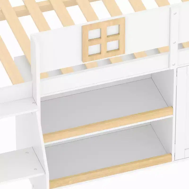 Lit mezzanine bas double/complet avec escalier-marches et étagères de rangement, cadre de lit mezzanine bas en bois style cabane avec armoires et lumières LED