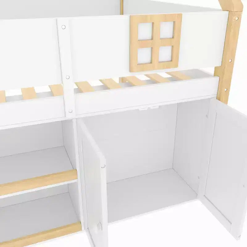 Lit mezzanine bas double/complet avec escalier-marches et étagères de rangement, cadre de lit mezzanine bas en bois style cabane avec armoires et lumières LED