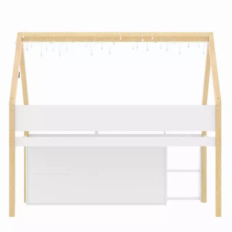 Lit mezzanine bas double/complet avec escalier-marches et étagères de rangement, cadre de lit mezzanine bas en bois style cabane avec armoires et lumières LED