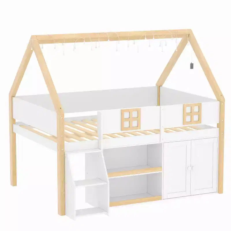 Lit mezzanine bas double/complet avec escalier-marches et étagères de rangement, cadre de lit mezzanine bas en bois style cabane avec armoires et lumières LED