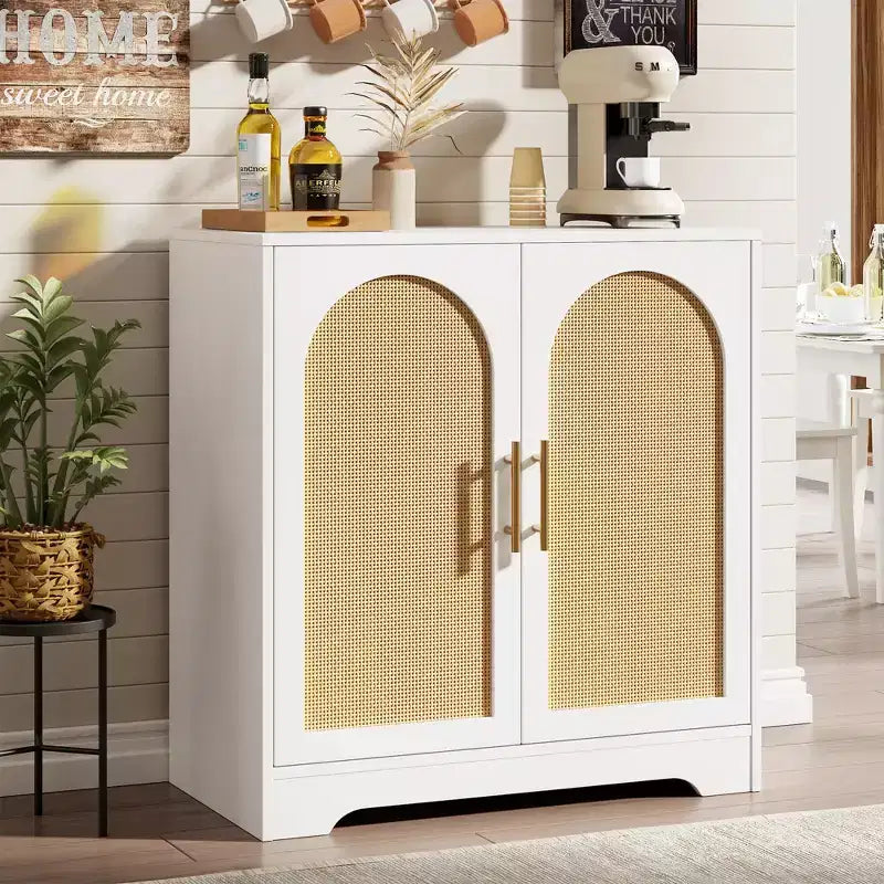 Buffet moderne avec 2 portes en rotin et étagères, Console de rangement pour salon, salle à manger, cuisine et entrée