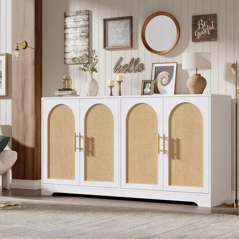 Buffet moderne avec 2 portes en rotin et étagères, Console de rangement pour salon, salle à manger, cuisine et entrée