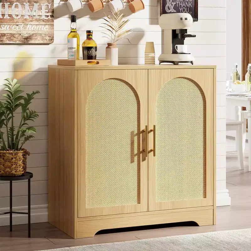 Buffet moderne avec 2 portes en rotin et étagères, Console de rangement pour salon, salle à manger, cuisine et entrée
