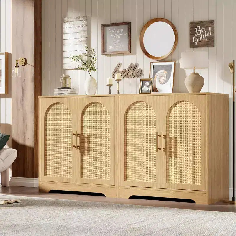 Buffet moderne avec 2 portes en rotin et étagères, Console de rangement pour salon, salle à manger, cuisine et entrée