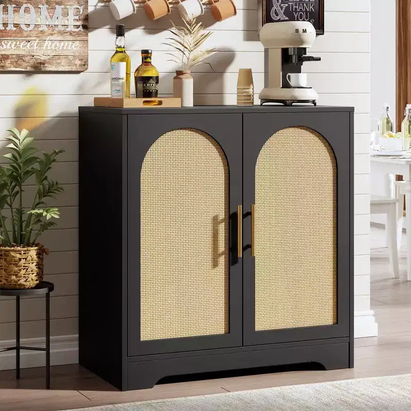 Buffet moderne avec 2 portes en rotin et étagères, Console de rangement pour salon, salle à manger, cuisine et entrée