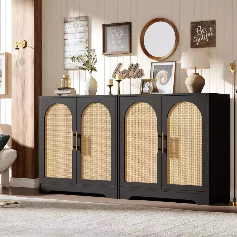 Buffet moderne avec 2 portes en rotin et étagères, Console de rangement pour salon, salle à manger, cuisine et entrée