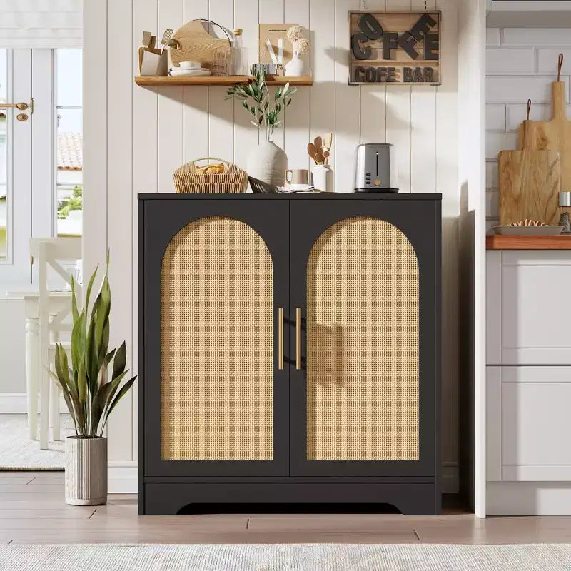 Modern Sideboard Buffet Cabinet with 2 Rattan Doors and Shelves, Credenza Storage Console Table for Living Room, Dining Room, Kitchen, and Entryway