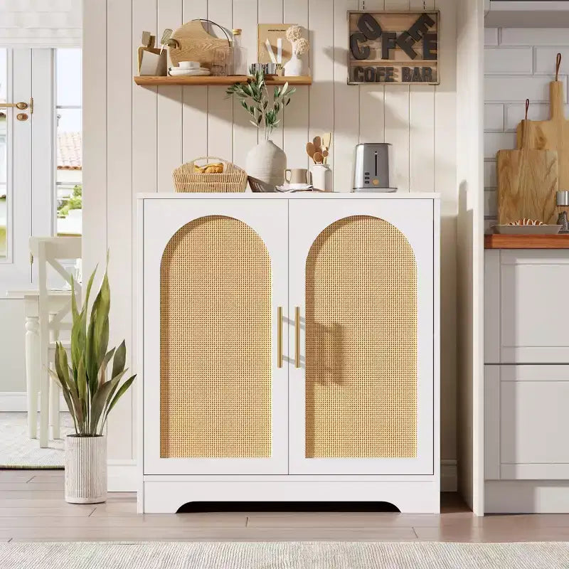 Buffet moderne avec 2 portes en rotin et étagères, Console de rangement pour salon, salle à manger, cuisine et entrée