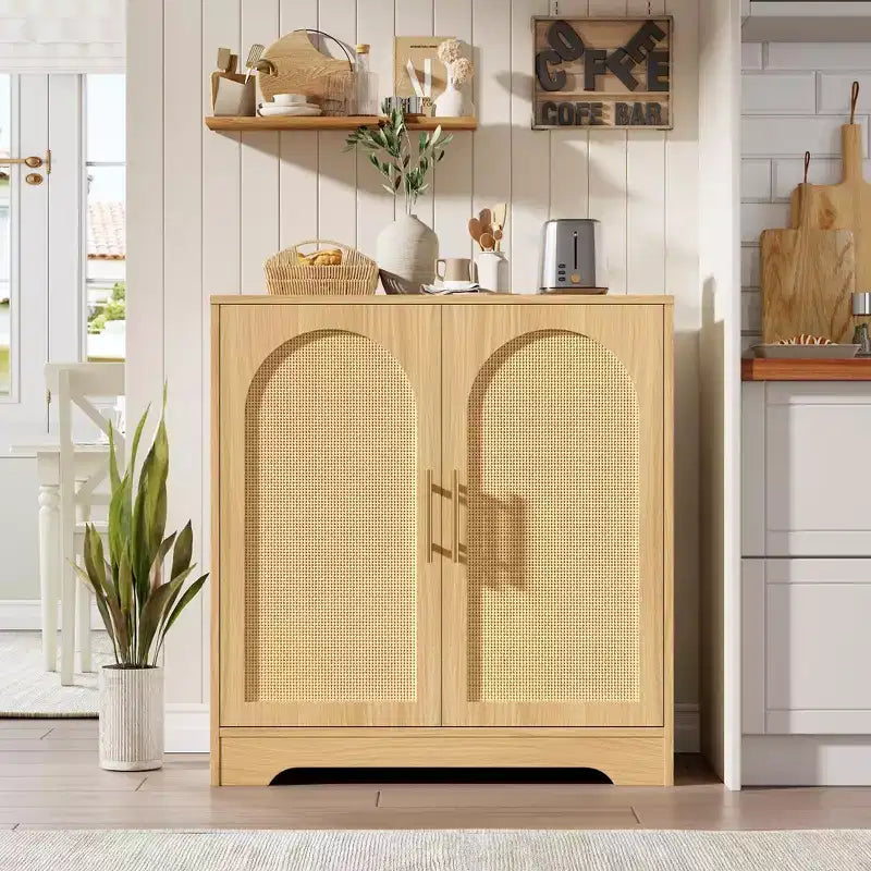Buffet moderne avec 2 portes en rotin et étagères, Console de rangement pour salon, salle à manger, cuisine et entrée