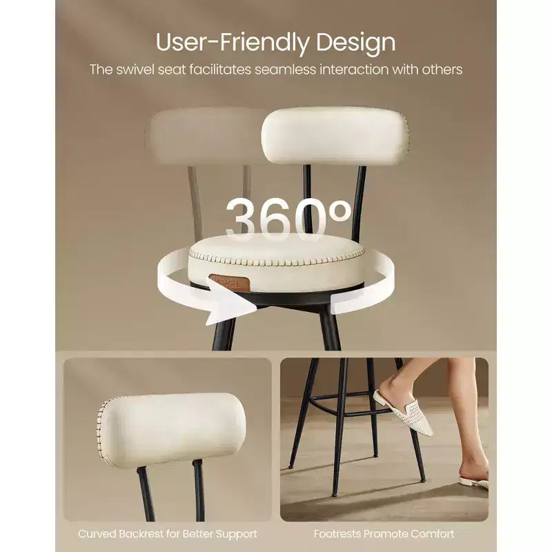 Collection - Tabourets de bar (lot de 2), tabourets de bar pivotants hauteur comptoir avec dossier, en cuir synthétique avec surpiqûres