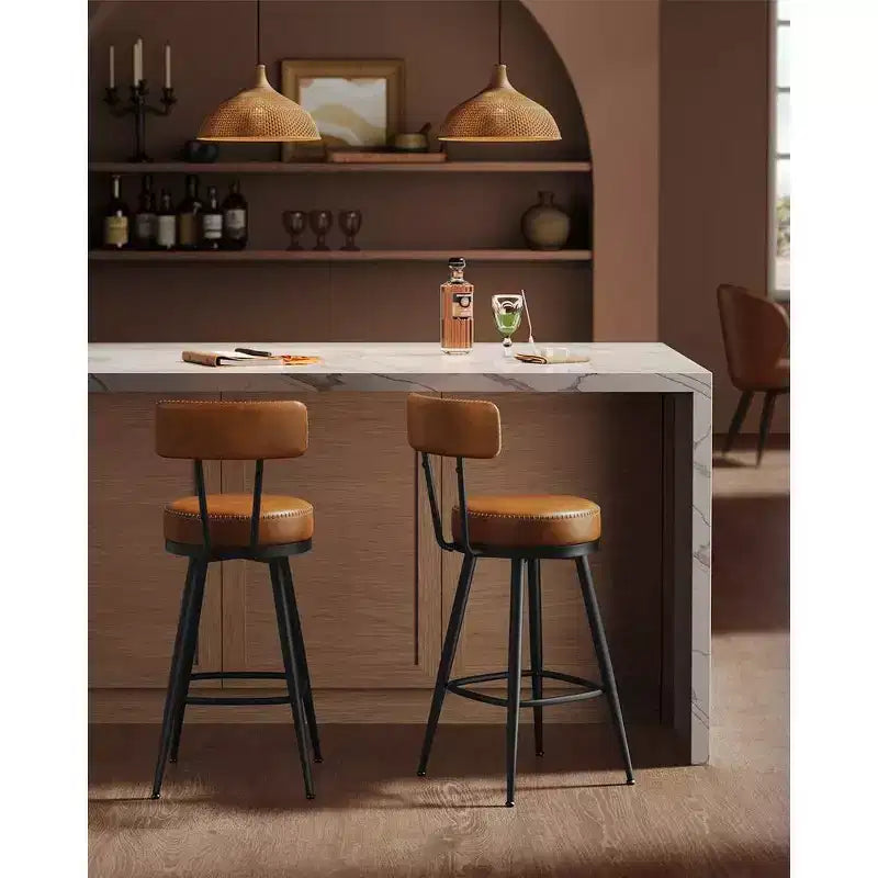Collection - Tabourets de bar (lot de 2), tabourets de bar pivotants hauteur comptoir avec dossier, en cuir synthétique avec surpiqûres