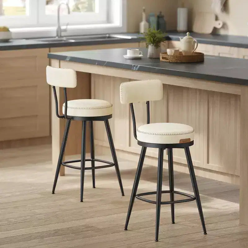 Collection - Tabourets de bar (lot de 2), tabourets de bar pivotants hauteur comptoir avec dossier, en cuir synthétique avec surpiqûres