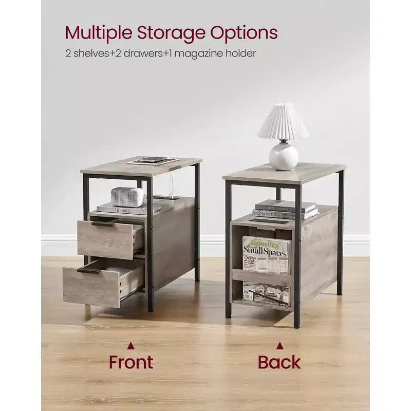 Table d'appoint avec station de recharge, Table d'appoint étroite avec 2 tiroirs, Table de chevet fine avec rangement