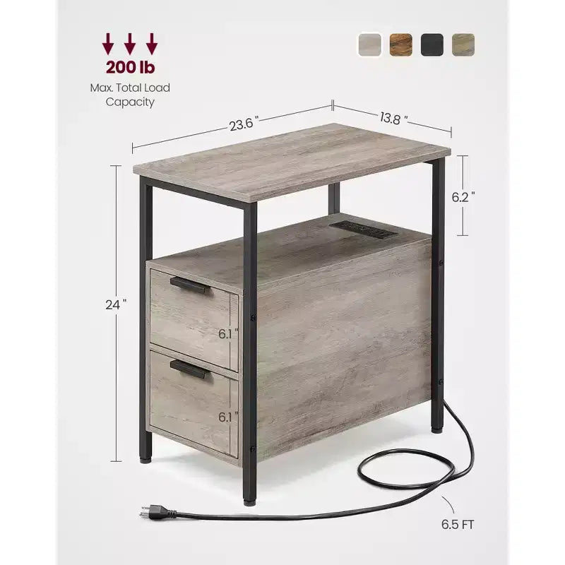 Table d'appoint avec station de recharge, Table d'appoint étroite avec 2 tiroirs, Table de chevet fine avec rangement