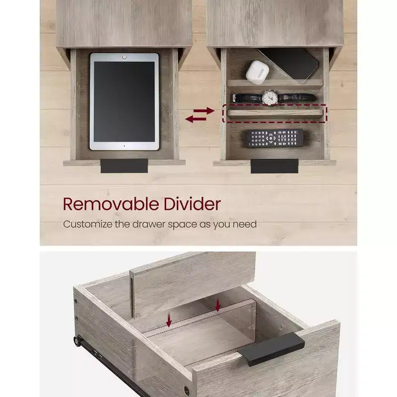Table d'appoint avec station de recharge, Table d'appoint étroite avec 2 tiroirs, Table de chevet fine avec rangement