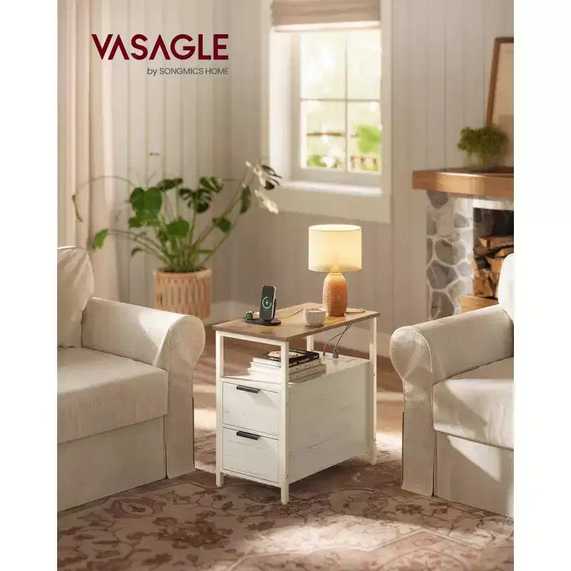 Table d'appoint avec station de recharge, Table d'appoint étroite avec 2 tiroirs, Table de chevet fine avec rangement