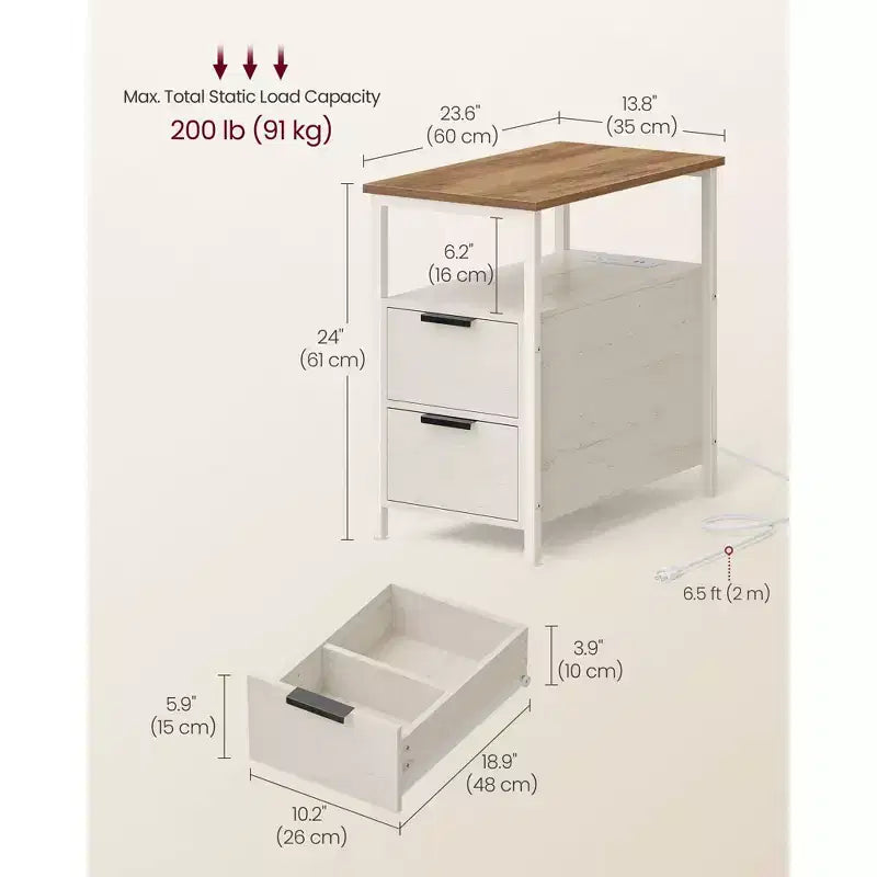 Table d'appoint avec station de recharge, Table d'appoint étroite avec 2 tiroirs, Table de chevet fine avec rangement