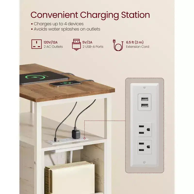Table d'appoint avec station de recharge, Table d'appoint étroite avec 2 tiroirs, Table de chevet fine avec rangement