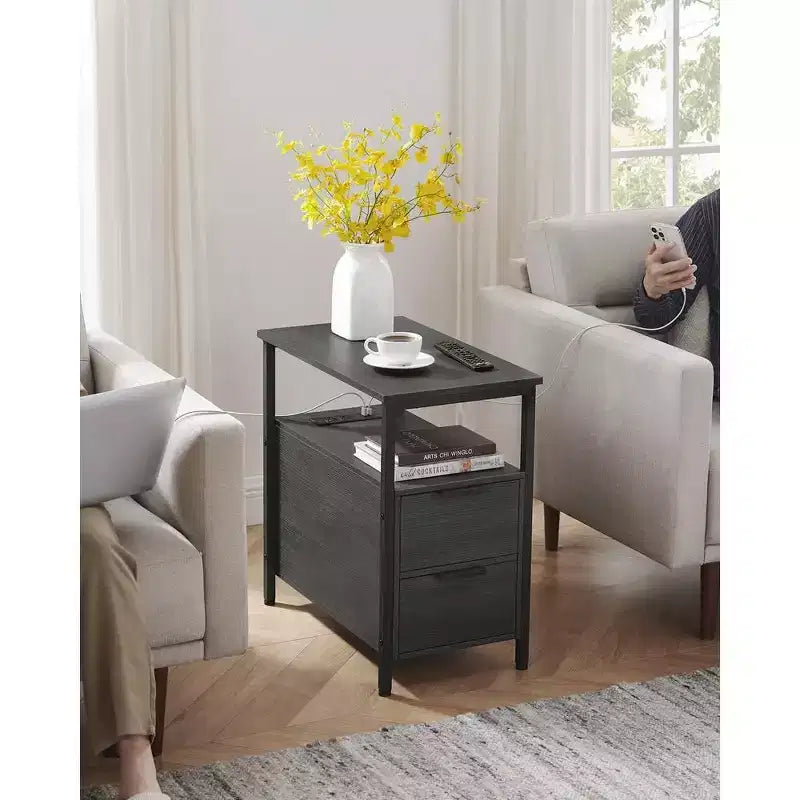 Table d'appoint avec station de recharge, Table d'appoint étroite avec 2 tiroirs, Table de chevet fine avec rangement