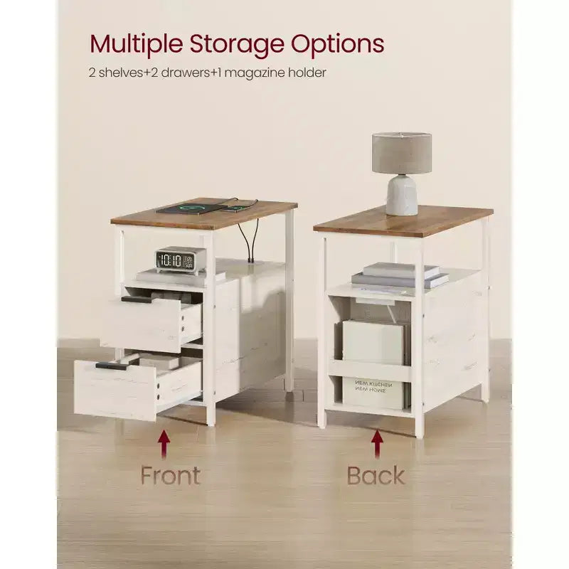Table d'appoint avec station de recharge, Table d'appoint étroite avec 2 tiroirs, Table de chevet fine avec rangement