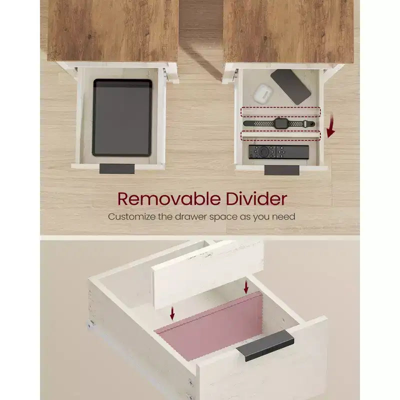 Table d'appoint avec station de recharge, Table d'appoint étroite avec 2 tiroirs, Table de chevet fine avec rangement