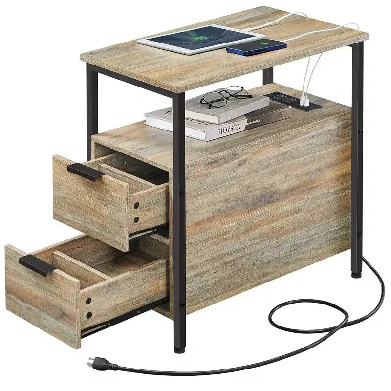 Table d'appoint avec station de recharge, Table d'appoint étroite avec 2 tiroirs, Table de chevet fine avec rangement