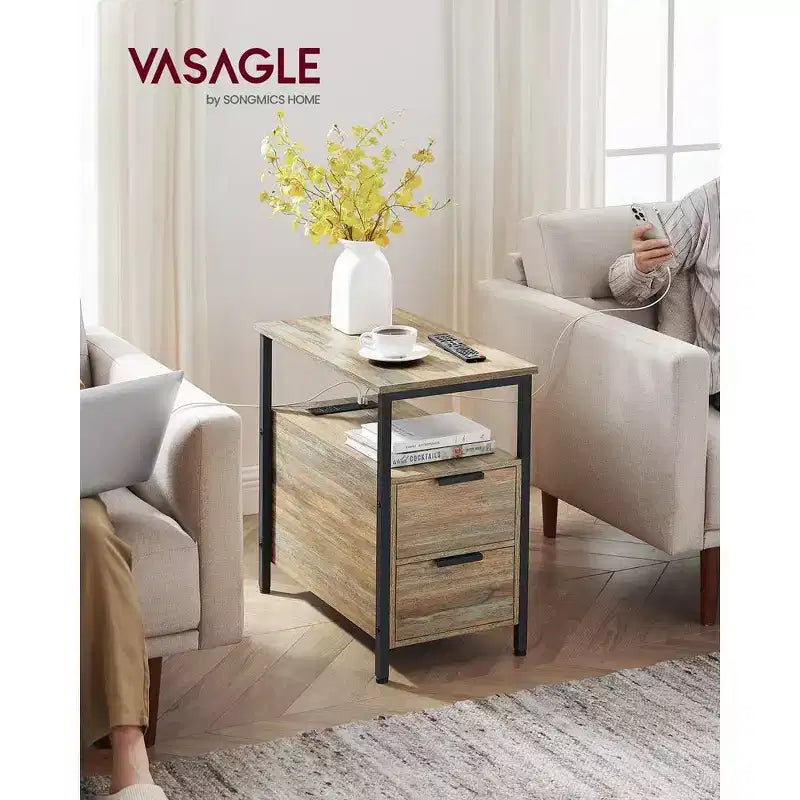 Table d'appoint avec station de recharge, Table d'appoint étroite avec 2 tiroirs, Table de chevet fine avec rangement