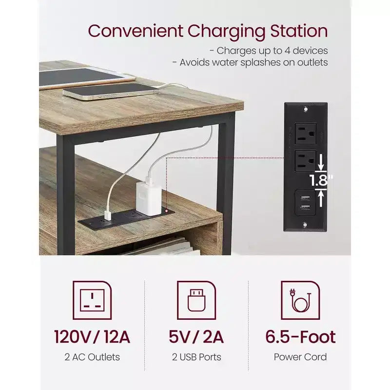 Table d'appoint avec station de recharge, Table d'appoint étroite avec 2 tiroirs, Table de chevet fine avec rangement