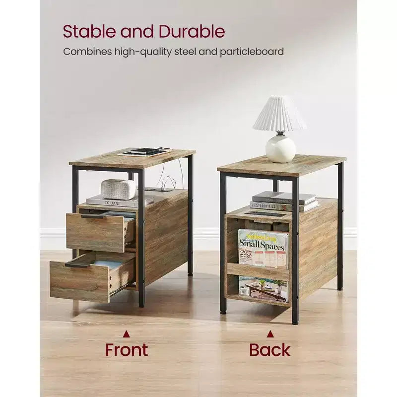 Table d'appoint avec station de recharge, Table d'appoint étroite avec 2 tiroirs, Table de chevet fine avec rangement