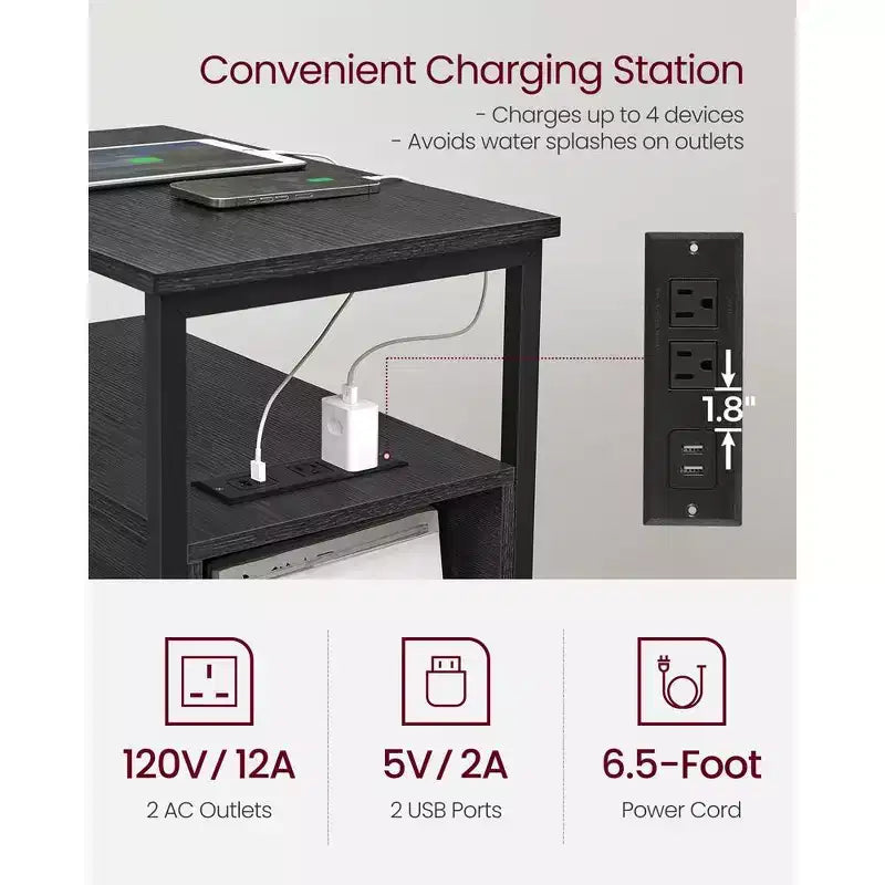 Table d'appoint avec station de recharge, Table d'appoint étroite avec 2 tiroirs, Table de chevet fine avec rangement