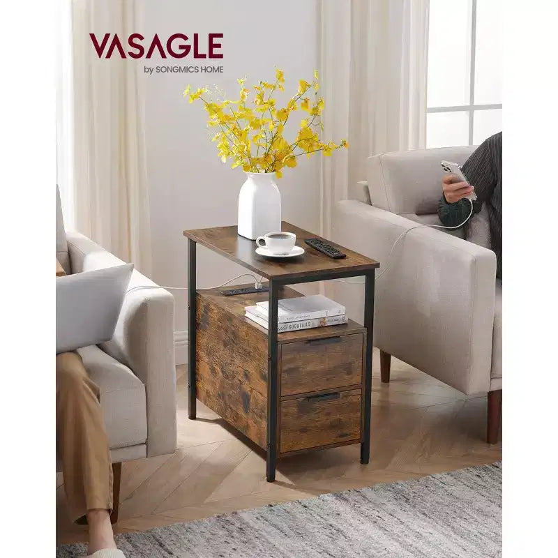 Table d'appoint avec station de recharge, Table d'appoint étroite avec 2 tiroirs, Table de chevet fine avec rangement