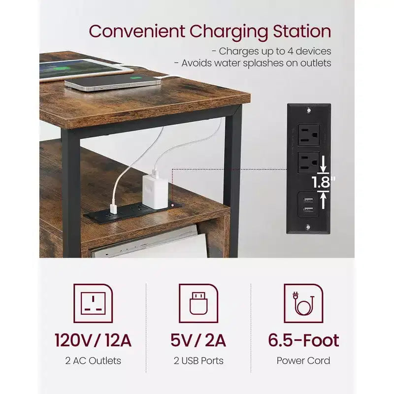 Table d'appoint avec station de recharge, Table d'appoint étroite avec 2 tiroirs, Table de chevet fine avec rangement