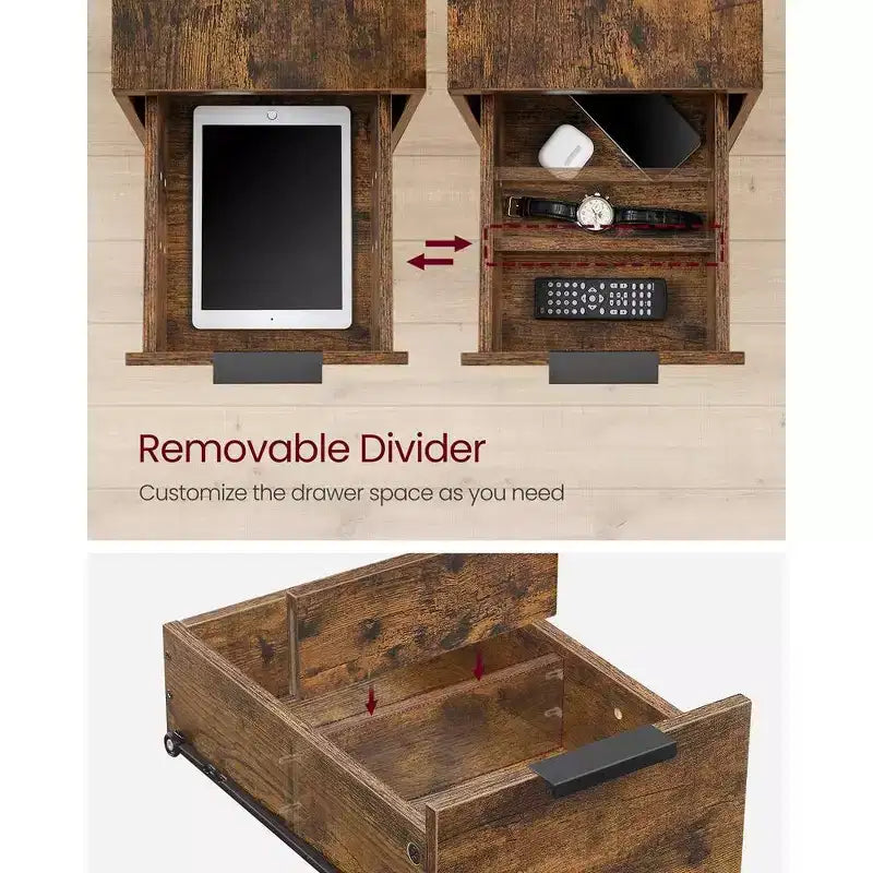 Table d'appoint avec station de recharge, Table d'appoint étroite avec 2 tiroirs, Table de chevet fine avec rangement