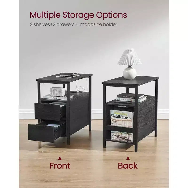 Table d'appoint avec station de recharge, Table d'appoint étroite avec 2 tiroirs, Table de chevet fine avec rangement