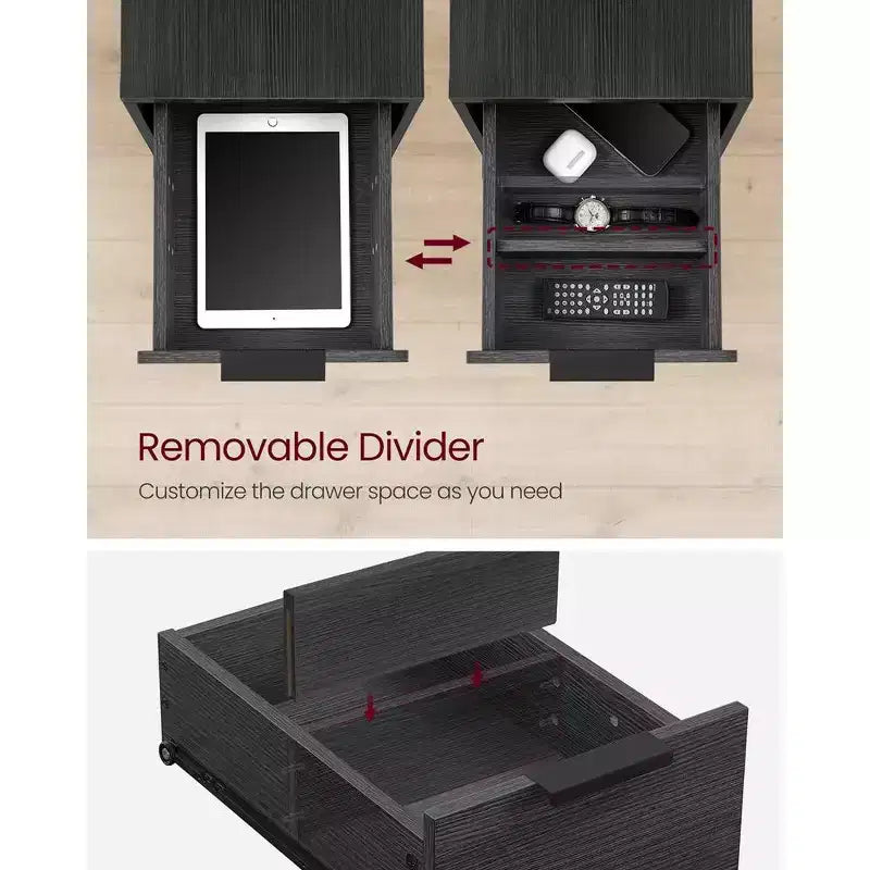Table d'appoint avec station de recharge, Table d'appoint étroite avec 2 tiroirs, Table de chevet fine avec rangement