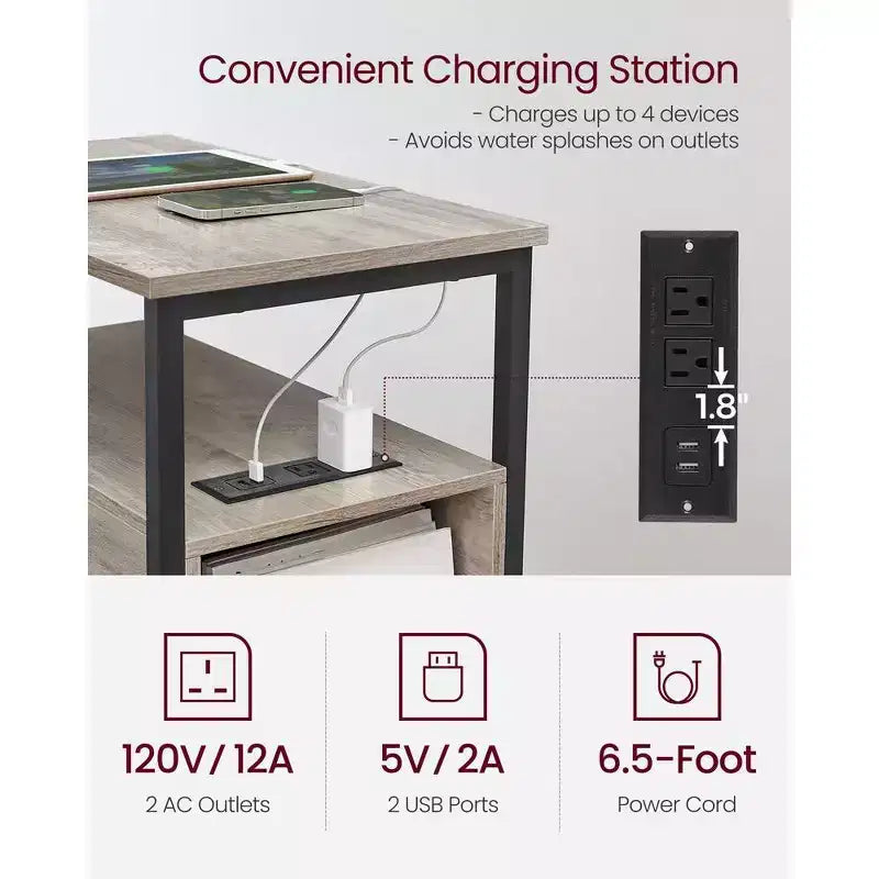 Table d'appoint avec station de recharge, Table d'appoint étroite avec 2 tiroirs, Table de chevet fine avec rangement