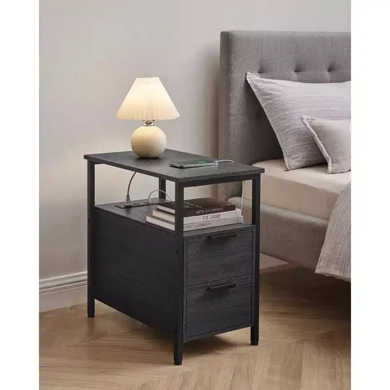 VASAGLE Side Table with Charging Station, Narrow End Table with 2 Drawers, Slim Nightstand and Bedside Table with Storage